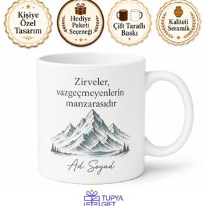 Motivasyon Sözü Ve Dağ Zirvesi Çizimli İsim Yazılı Hedef Odaklı Kupa Bardak Hediye