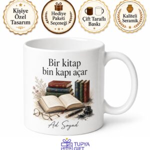 Kitapçı Temalı Baskılı Kupa Bardak Hediye Kitap Severlere Özel Tasarım
