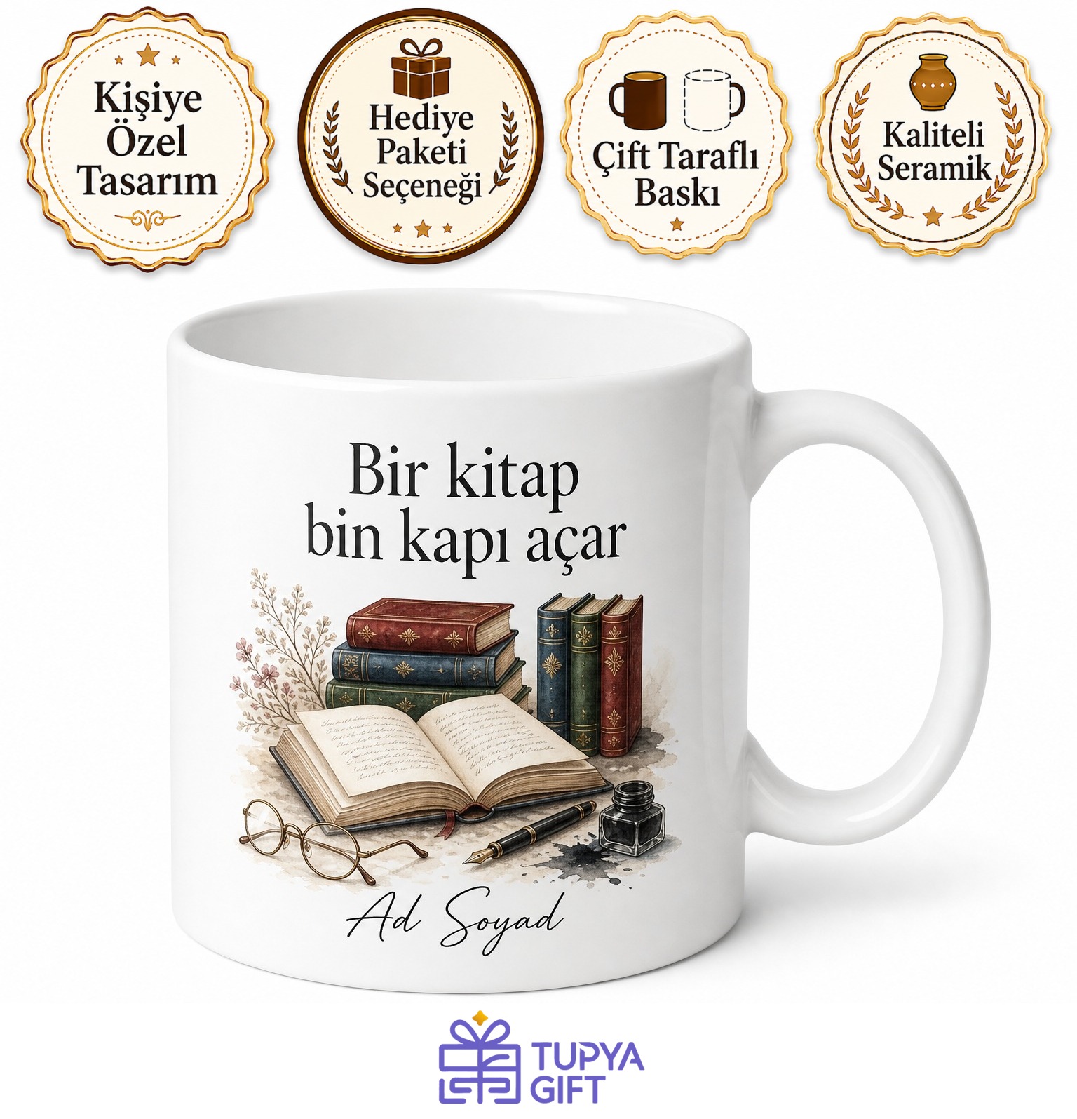 Kitapçı Temalı Baskılı Kupa Bardak Hediye Kitap Severlere Özel Tasarım