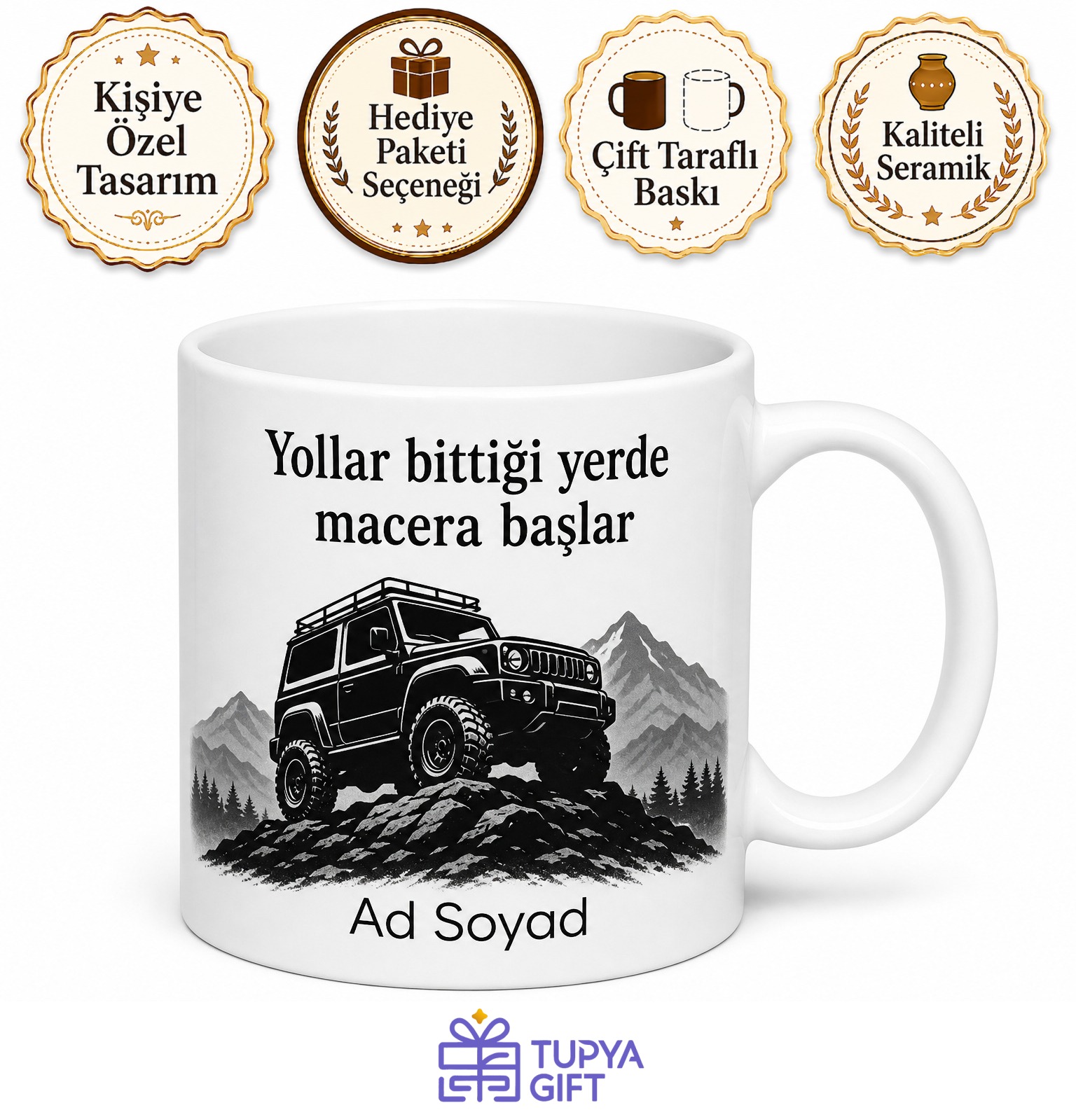 Arazi Aracı Silüetli İsimli Baskılı Kupa Bardak Offroad Hediye