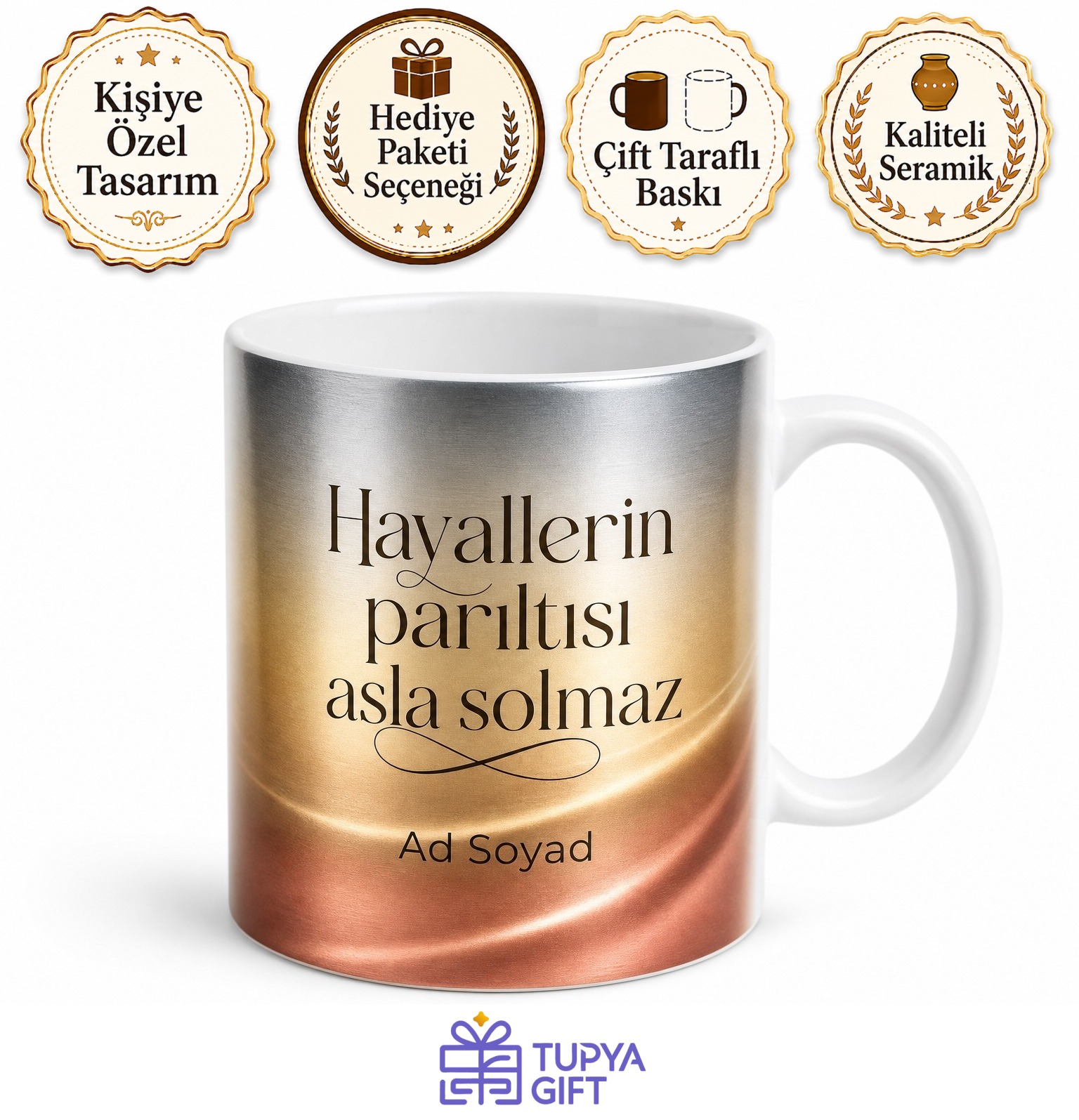Metalik Gradyan Temalı Özel Tasarım Baskılı Kupa Bardak Hediye Porselen Mug