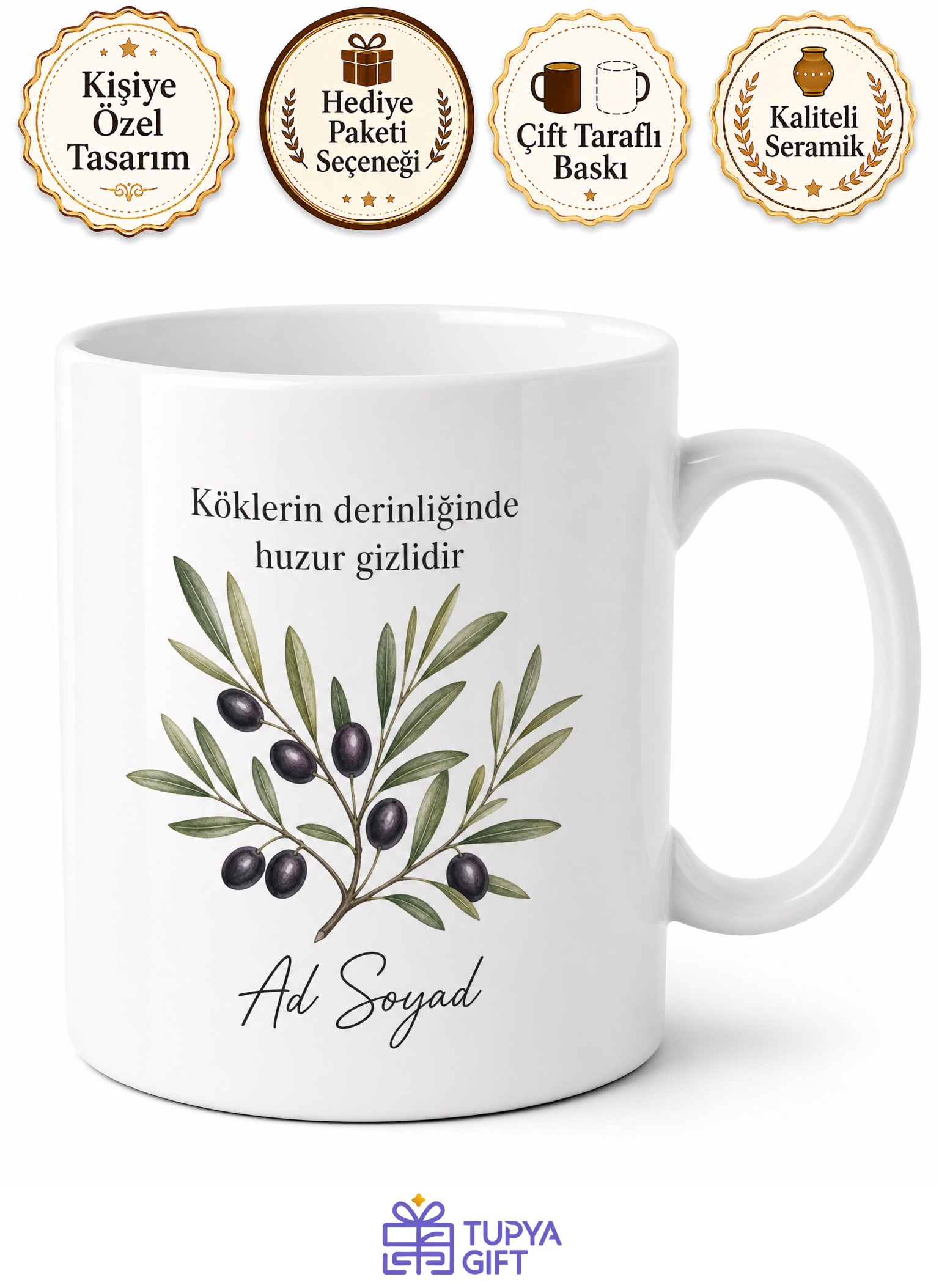 Aydın Zeytin Dalı Tasarımlı Kupa Bardak | Özel Tasarım Hediye Kupa