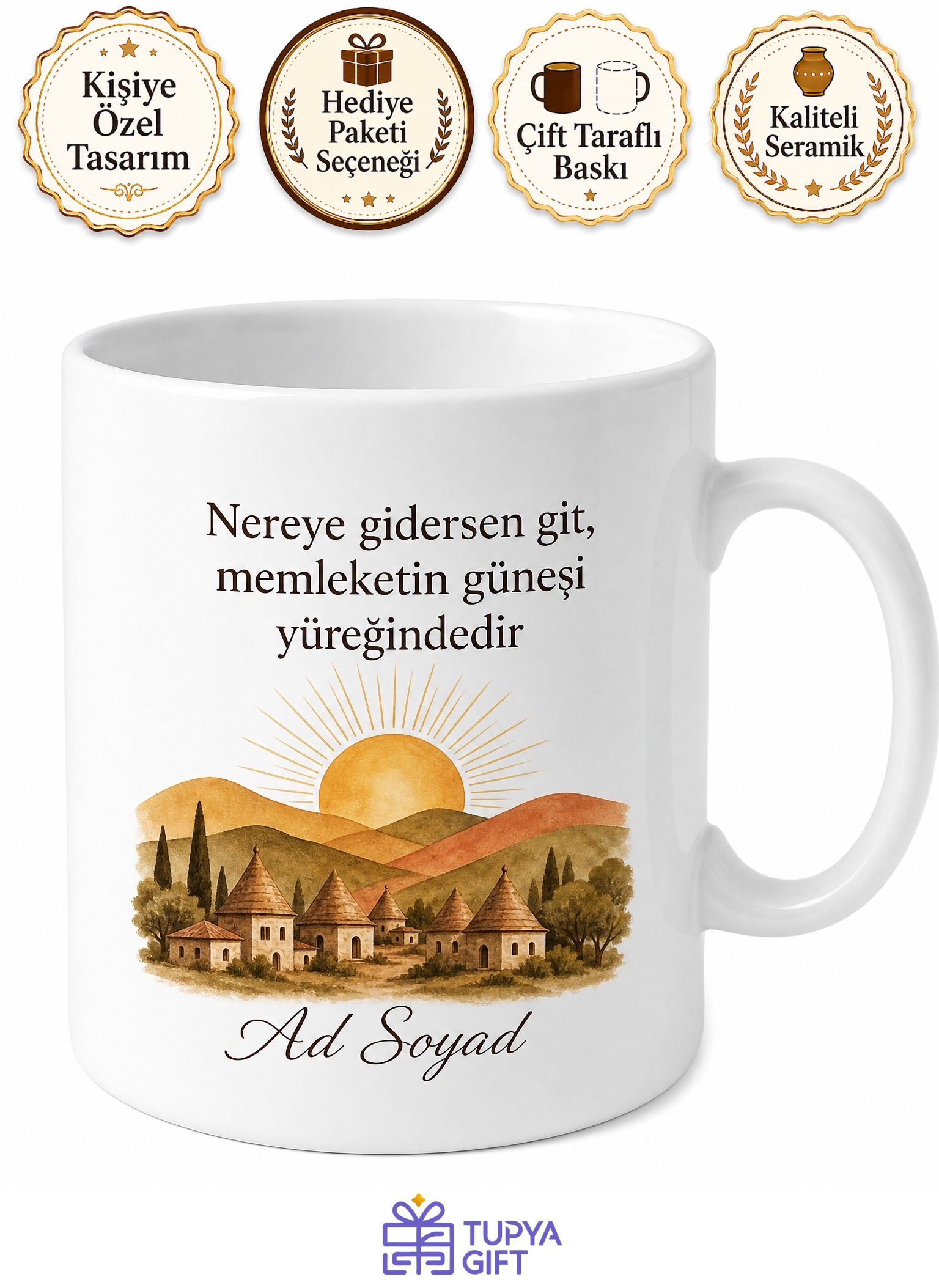 Memleket Güneşi Temalı Kişiye Özel Kupa Bardak Hediye Baskılı Kupa