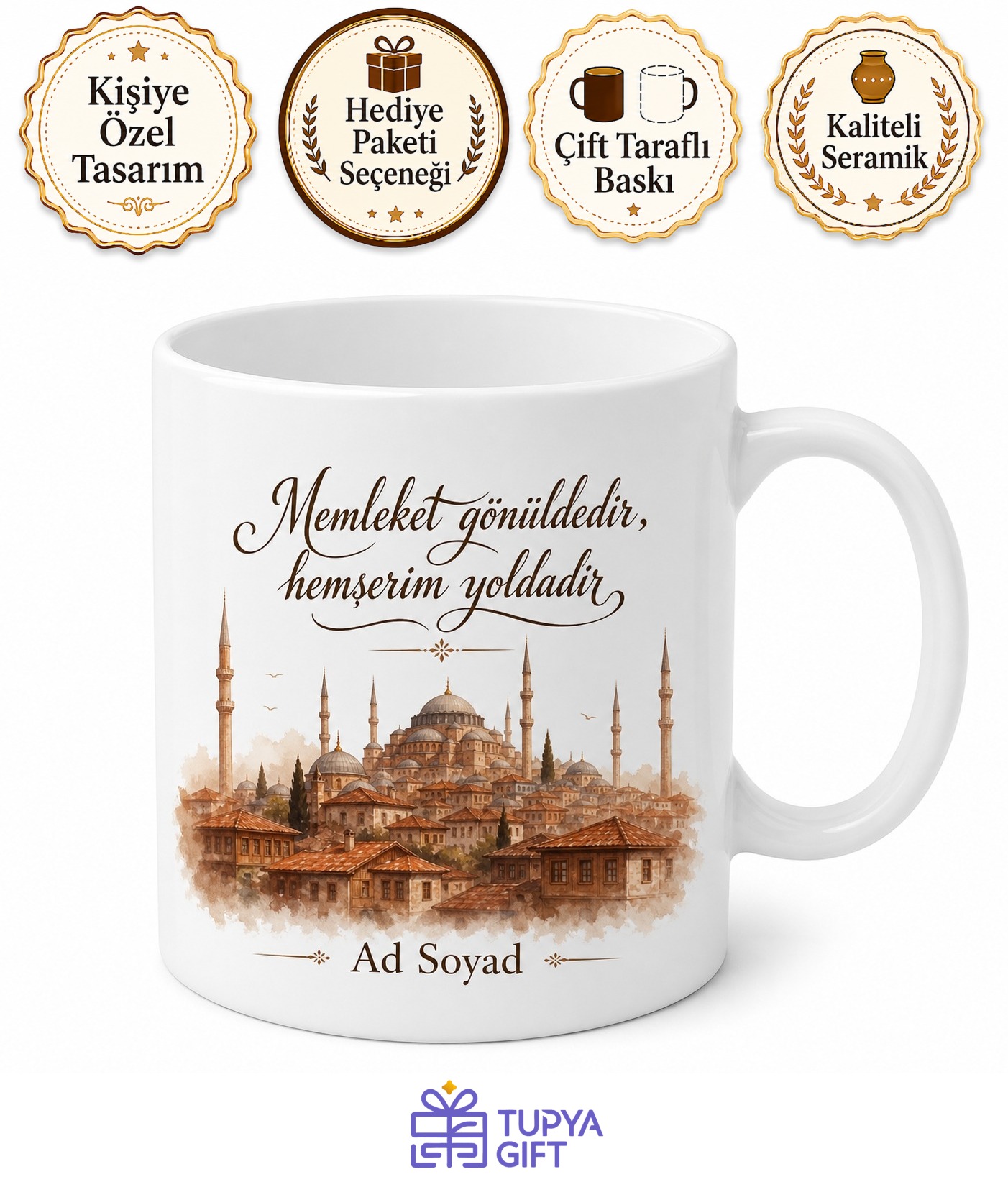 Hemşerime Hediye İsme Özel Memleket Temalı Baskılı Porselen Kupa Bardak