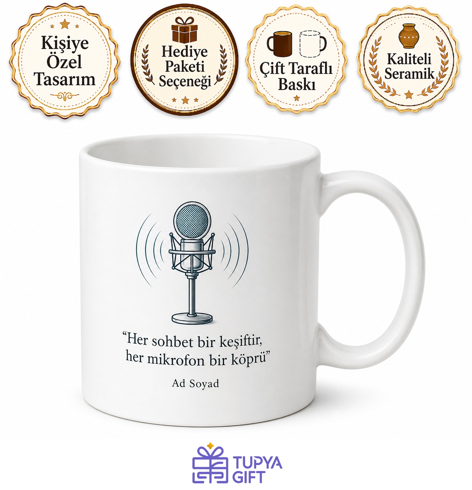 Podcaster Mikrofon Sessiz Oda Sohbet Temalı Kupa Bardak Hediye