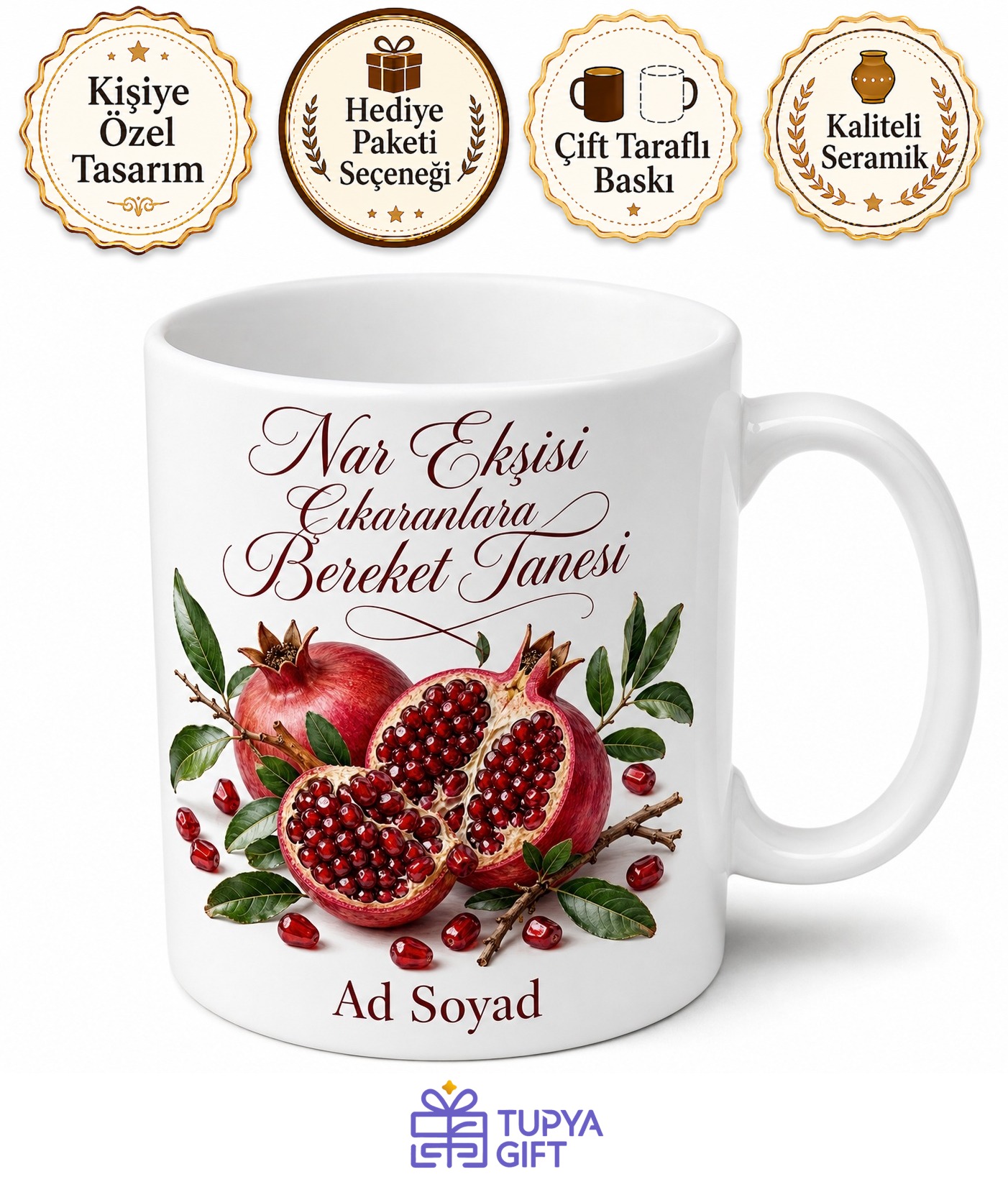 Nar Ekşisi Çıkaranlara Bereket Tanesi Yakut Kırmızısı Kupa Bardak Hediye