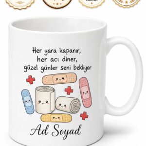 Sargı Bezi ve Yara Bandı Çizimli Geçmiş Olsun Sağlık Kupa Bardak Hediye