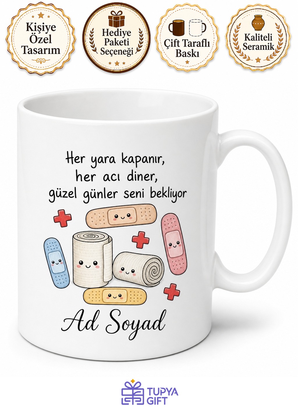 Sargı Bezi ve Yara Bandı Çizimli Geçmiş Olsun Sağlık Kupa Bardak Hediye