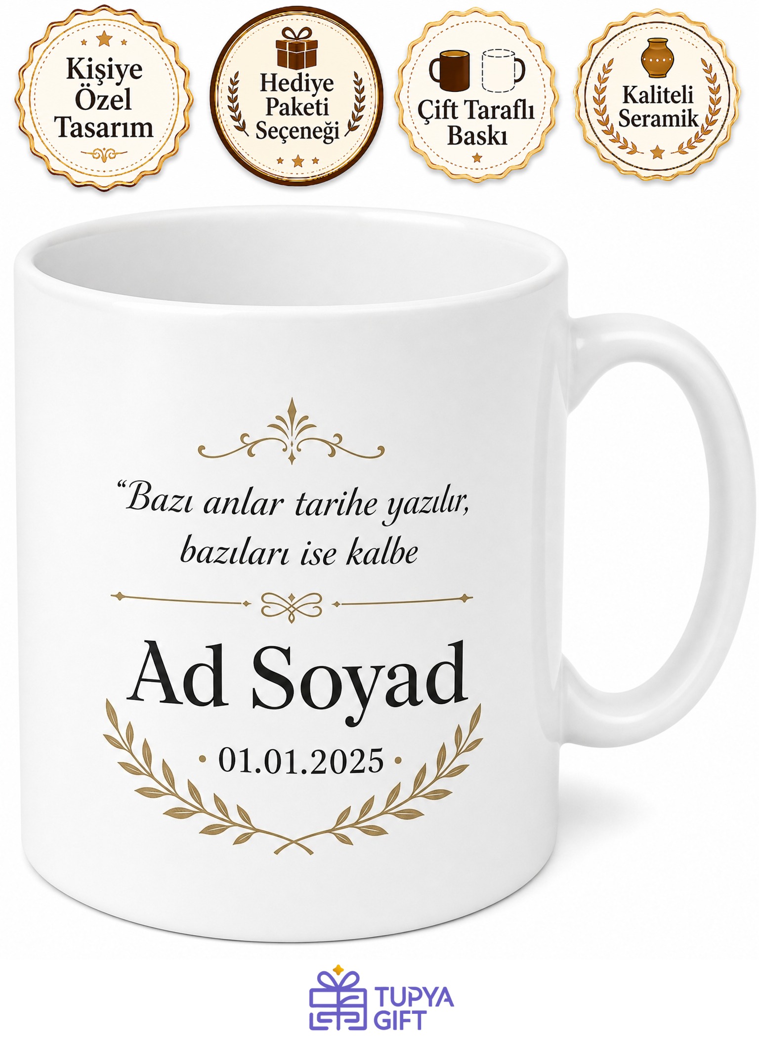 İsme ve Tarihe Özel Baskılı Kupa Bardak Tarih Damgalı Hatıra Hediye