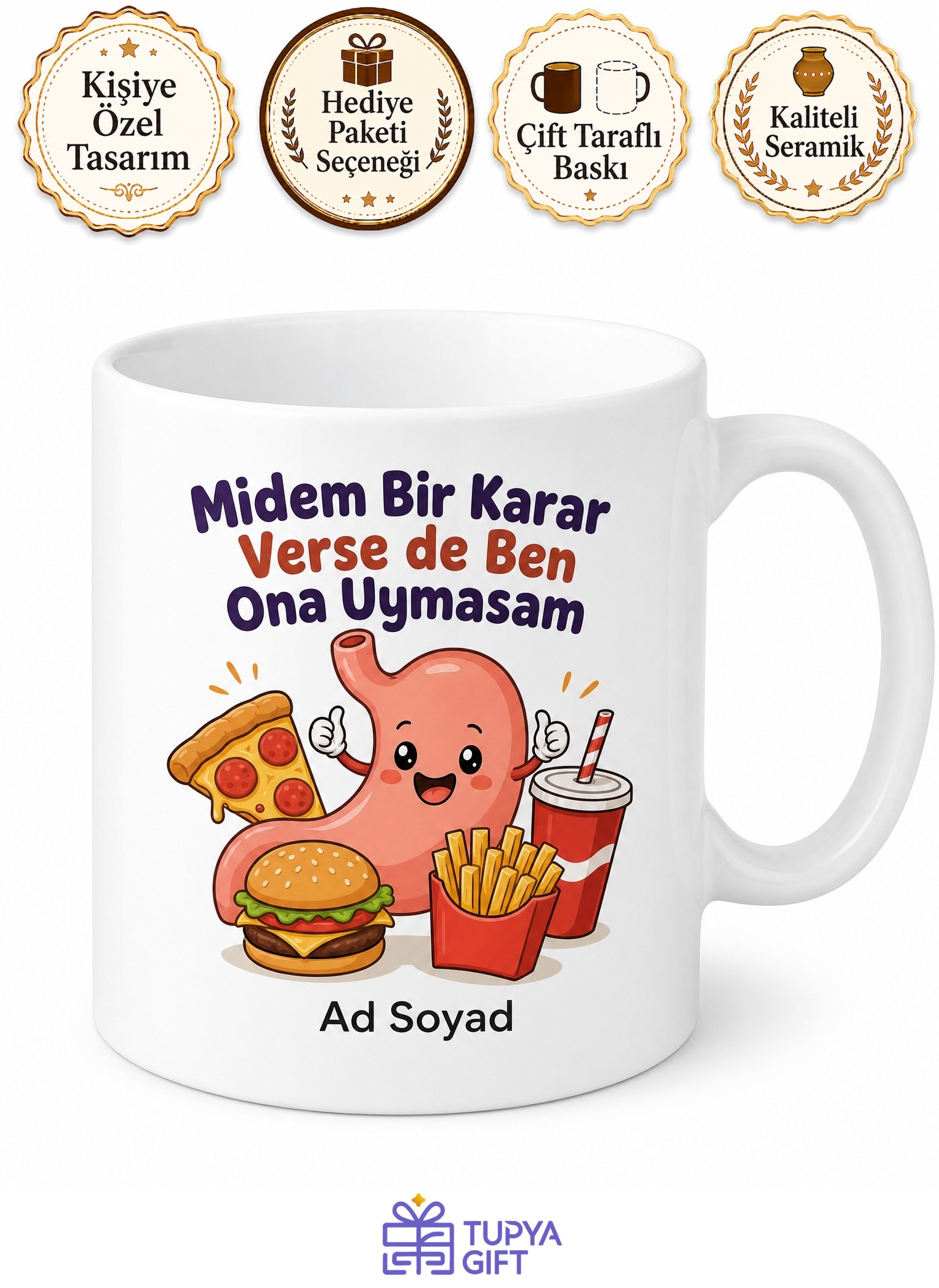 Fast Food Oburu Pizza Hamburger Esprili Mide Komik Baskılı Kupa Bardak Hediye