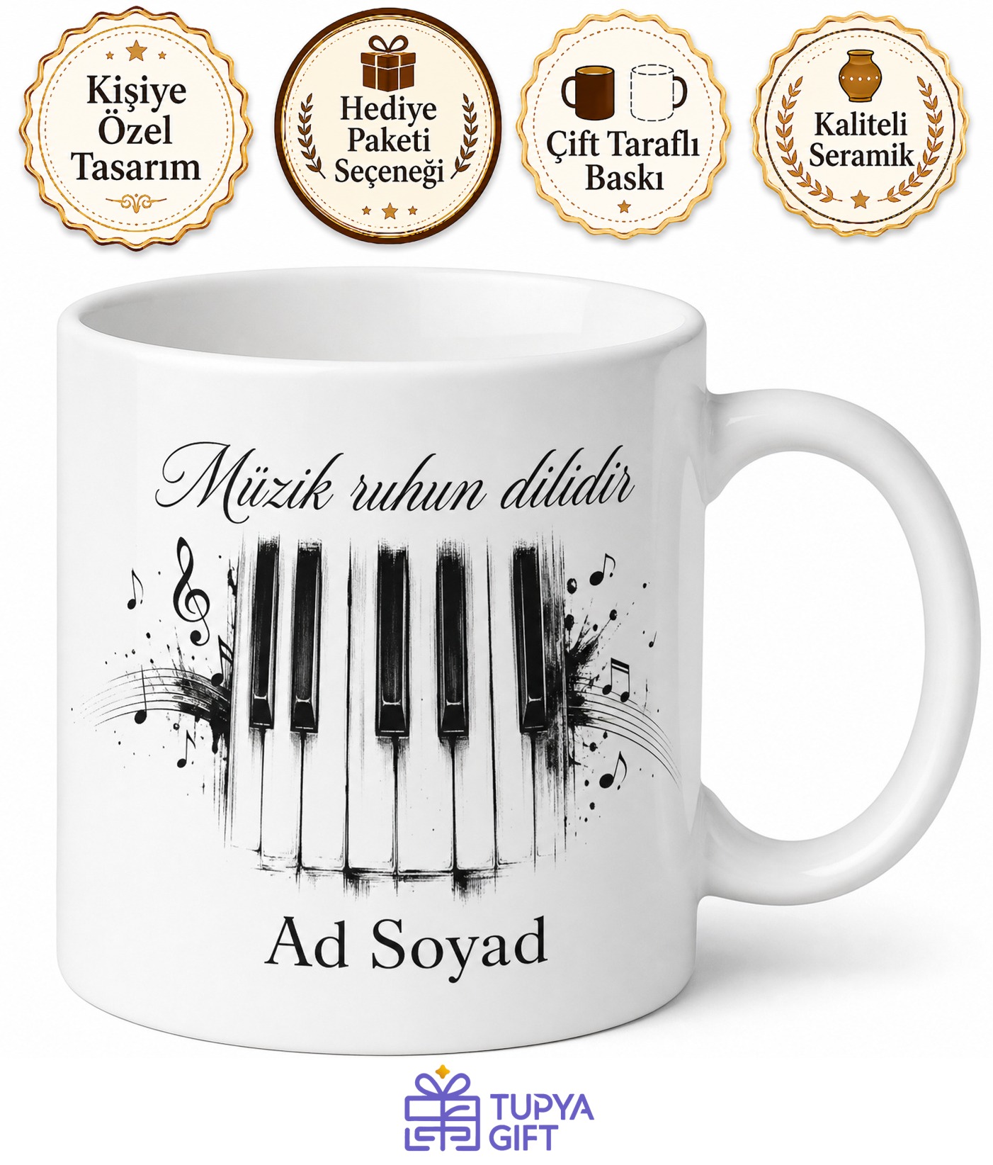 Kişiye Özel Piyano Tuşları Temalı Kupa Bardak Müzik Hediye