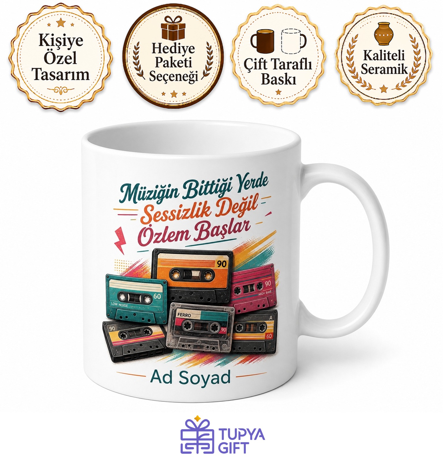 Kaset Koleksiyonu Temalı Baskılı Kupa Bardak Retro Müzik Hediye