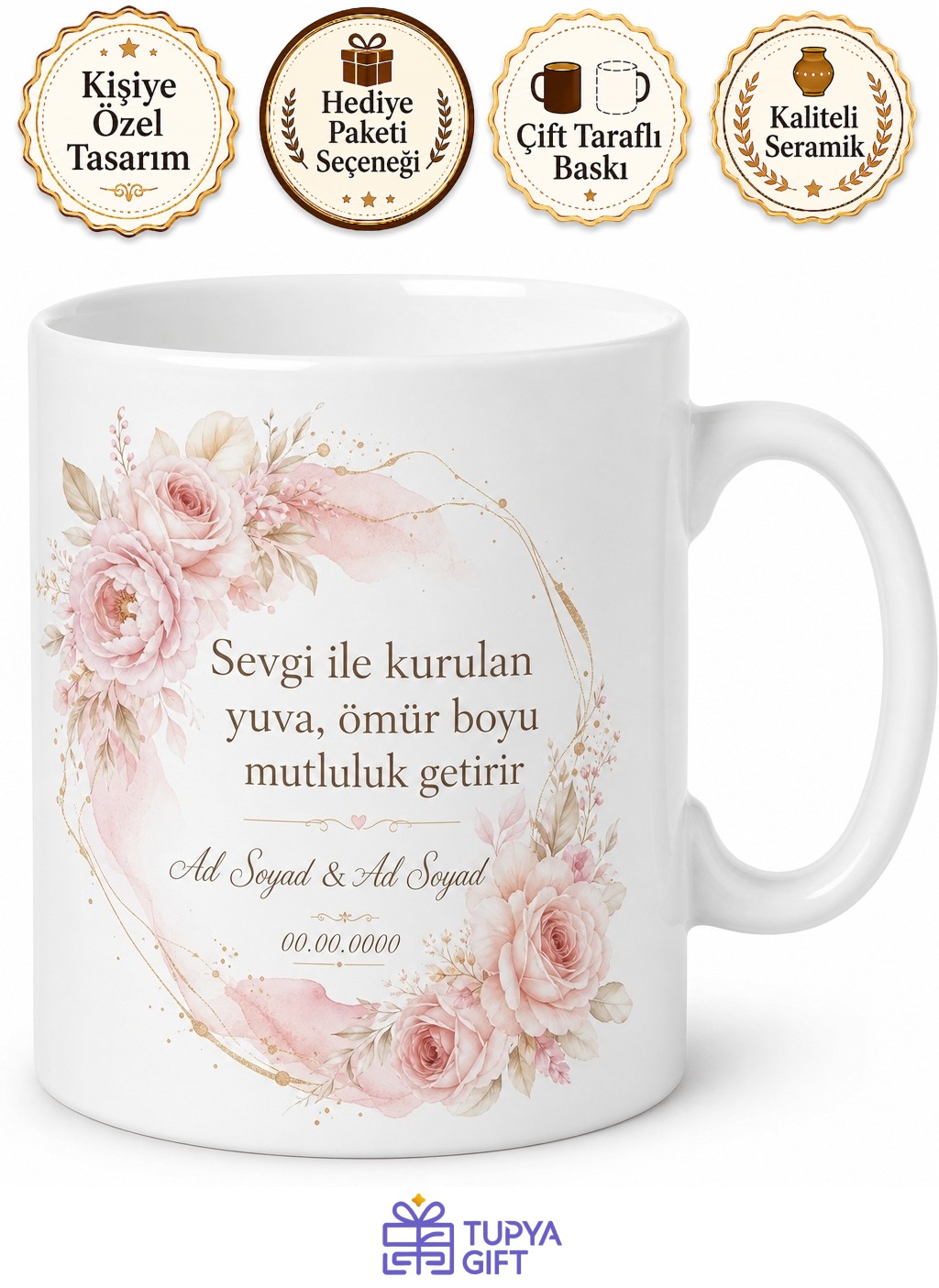 İsim Yazılı Düğün Hediyesi Özel Tasarım Baskılı Kupa Bardak Nikah Şekeri