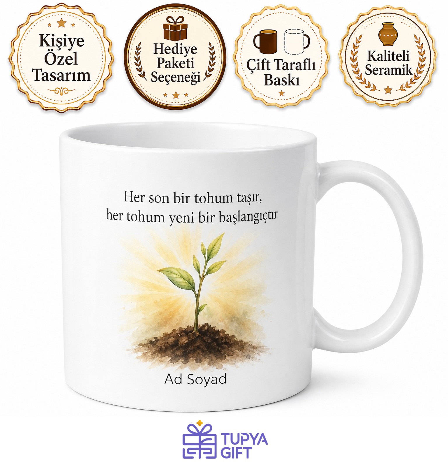 Tohum Temalı Yeni Başlangıç Baskılı Kupa Bardak Hediye Porselen Mug