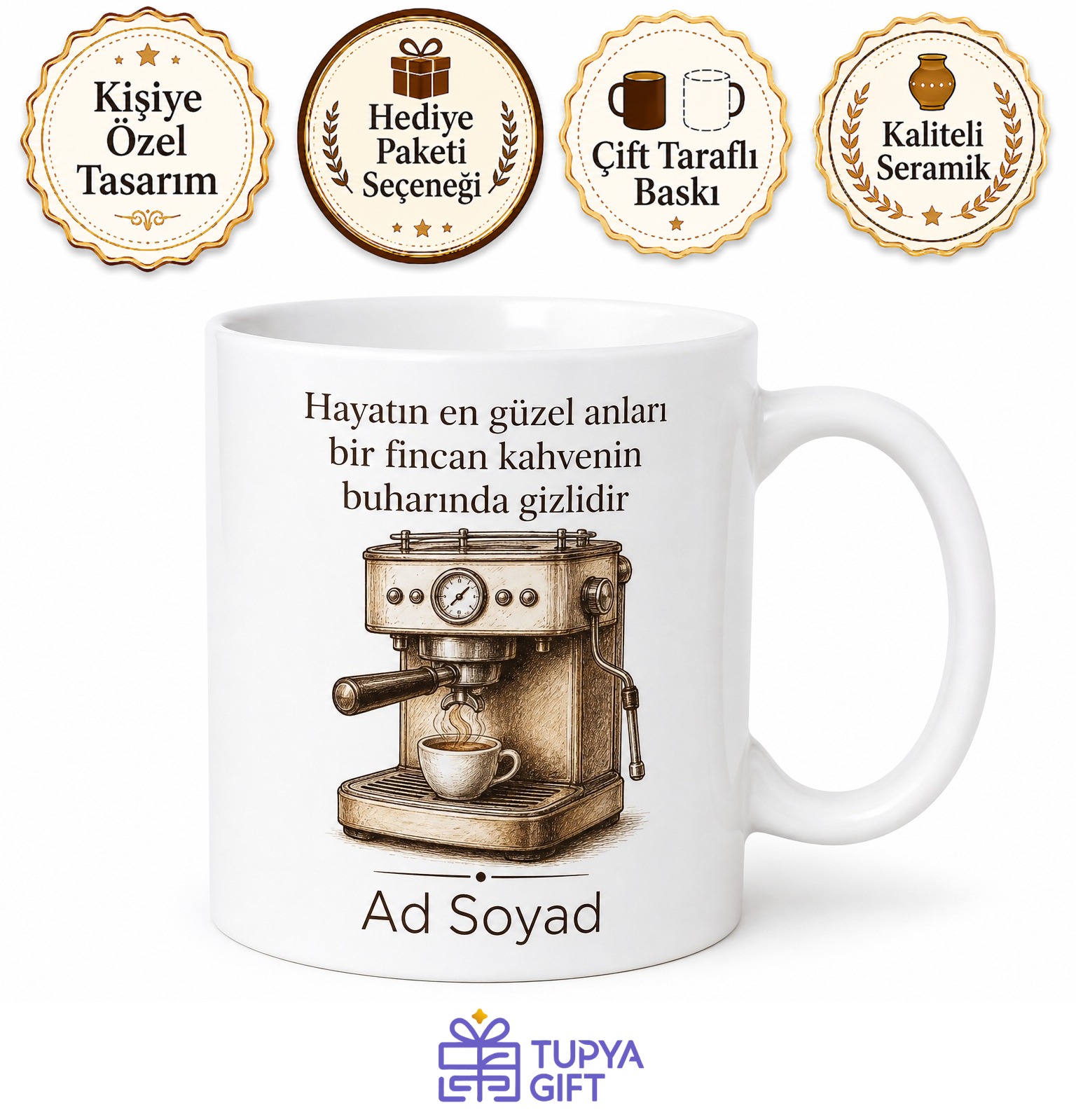 Kahve Makinesi Temalı Baskılı Kupa Bardak Hediye Kahve Severlere Özel Tasarım