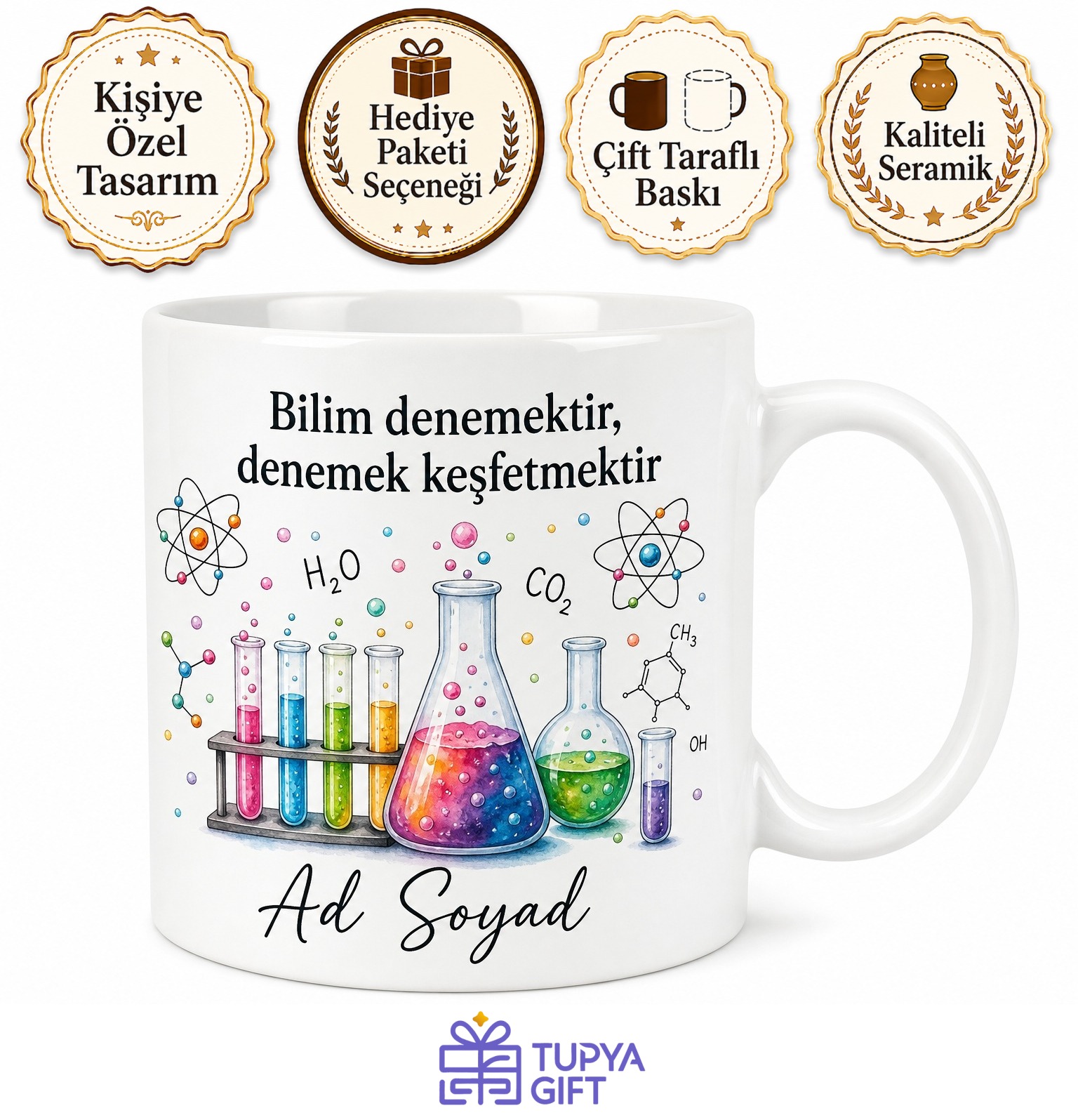 Fen Bilgisi Öğretmenine Hediye Deney Temalı Baskılı Porselen Kupa Bardak