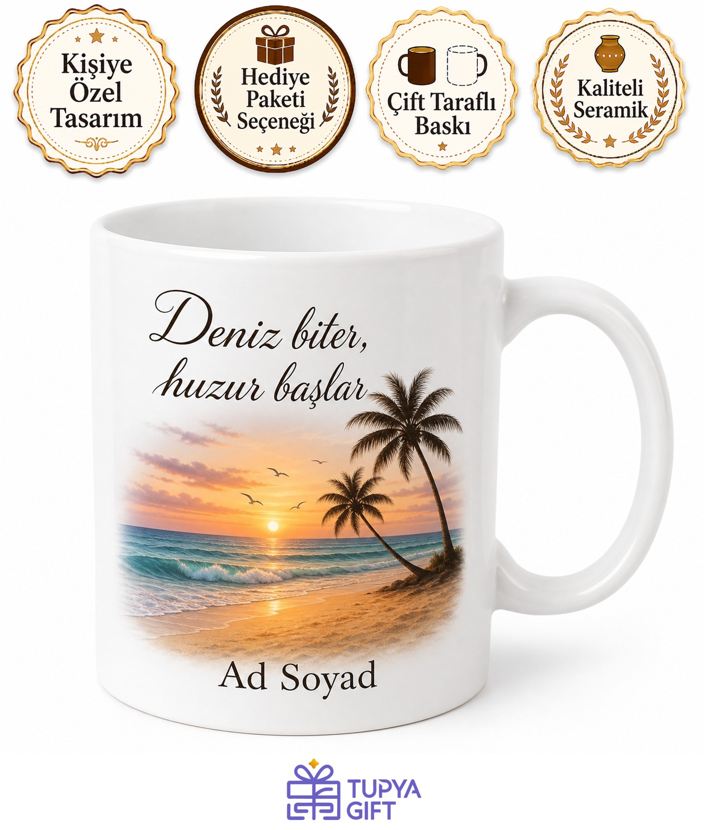Kumsal Temalı Baskılı Kupa Bardak Hediye Deniz Tatil Porselen Mug