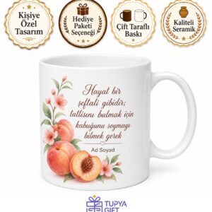 Şeftali Temalı Baskılı Kupa Bardak Hediye Özel Tasarım Porselen Mug