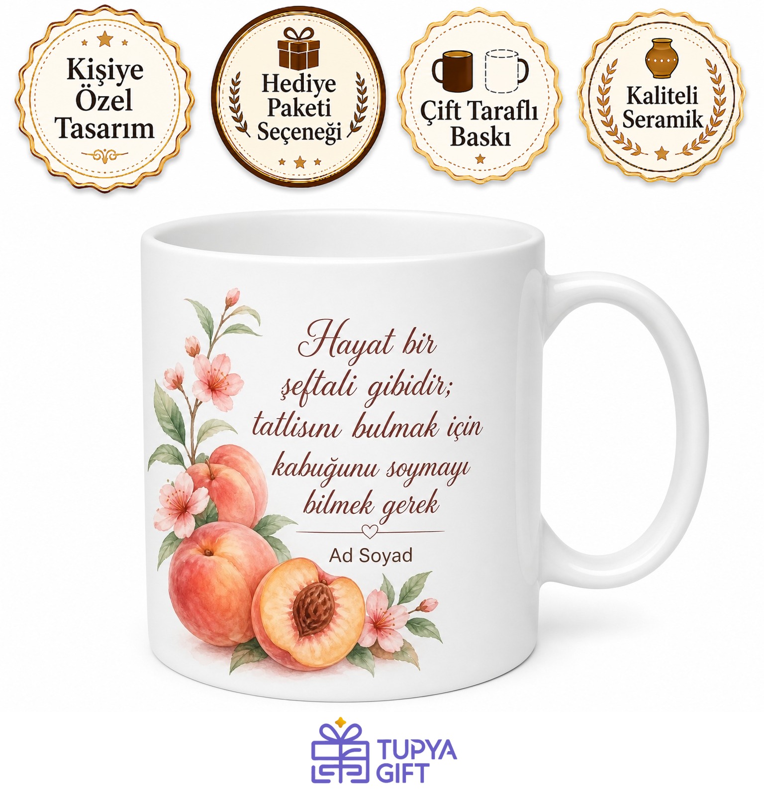 Şeftali Temalı Baskılı Kupa Bardak Hediye Özel Tasarım Porselen Mug