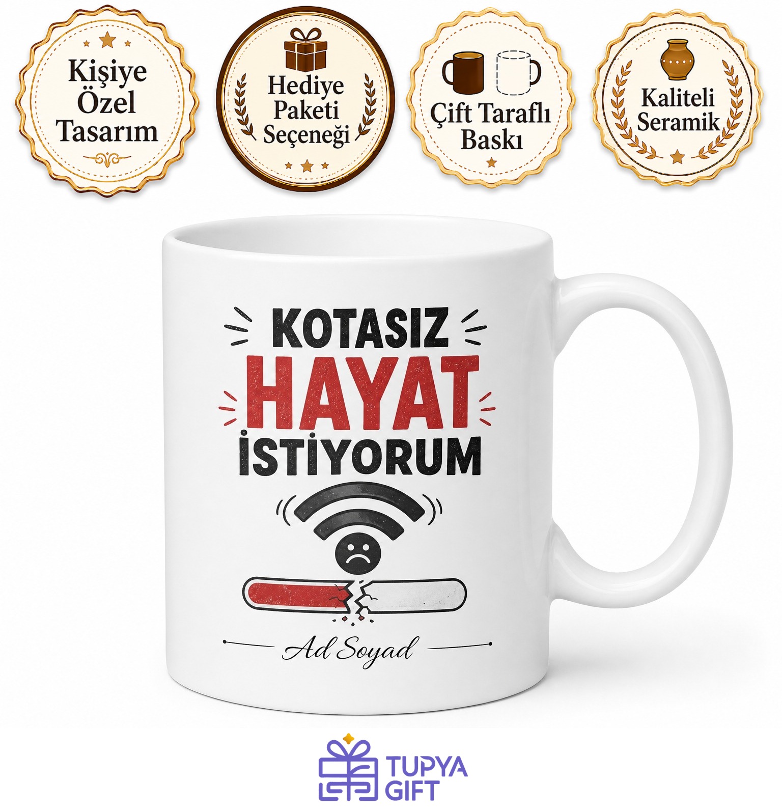 Sürekli İnternet Paketi Bitenlere Kotasız Hayat Esprili Kupa Bardak Hediye