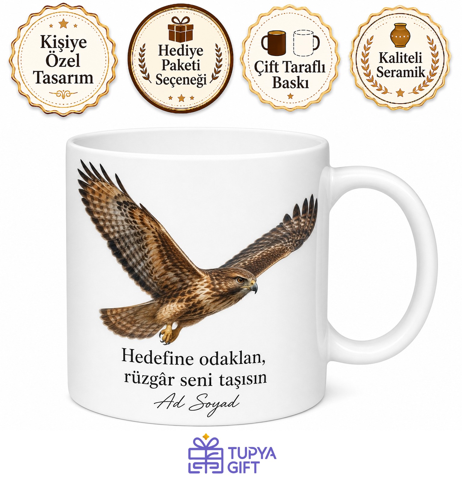 Atmaca Temalı Baskılı Kupa Bardak Hediye Özel Tasarım Porselen Mug