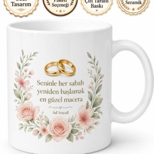 Yeni Evlenen Çift İçin Özel Tasarım Seramik Baskılı Kupa Bardak Evlilik Hediyesi