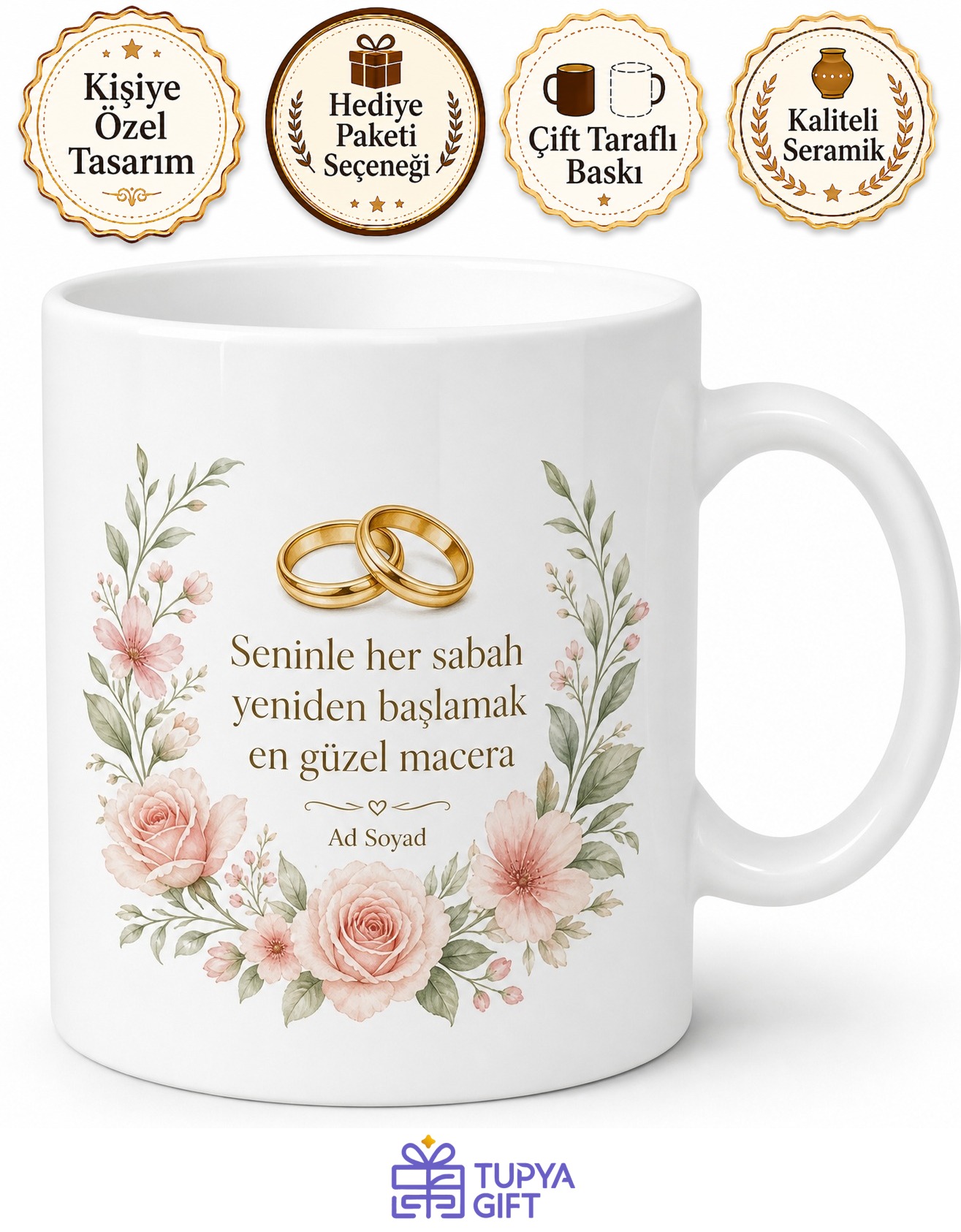 Yeni Evlenen Çift İçin Özel Tasarım Seramik Baskılı Kupa Bardak Evlilik Hediyesi