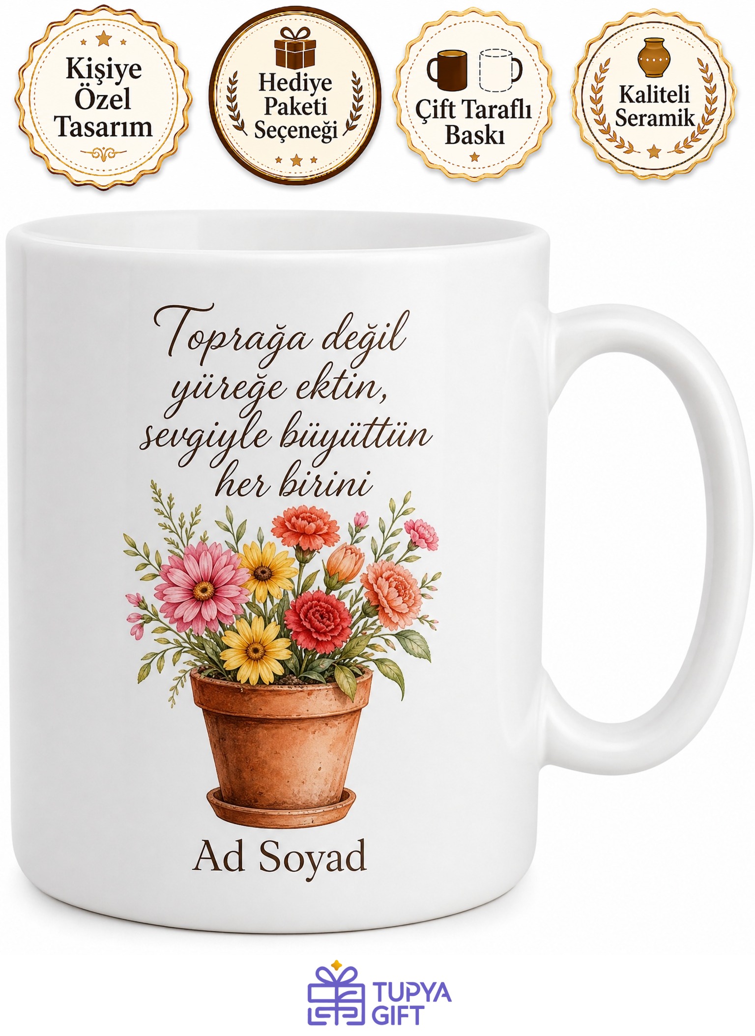Saksıda Çiçek Çizimli Büyüten Besleyen Fedakar Anne Kupası Hediye Bardak