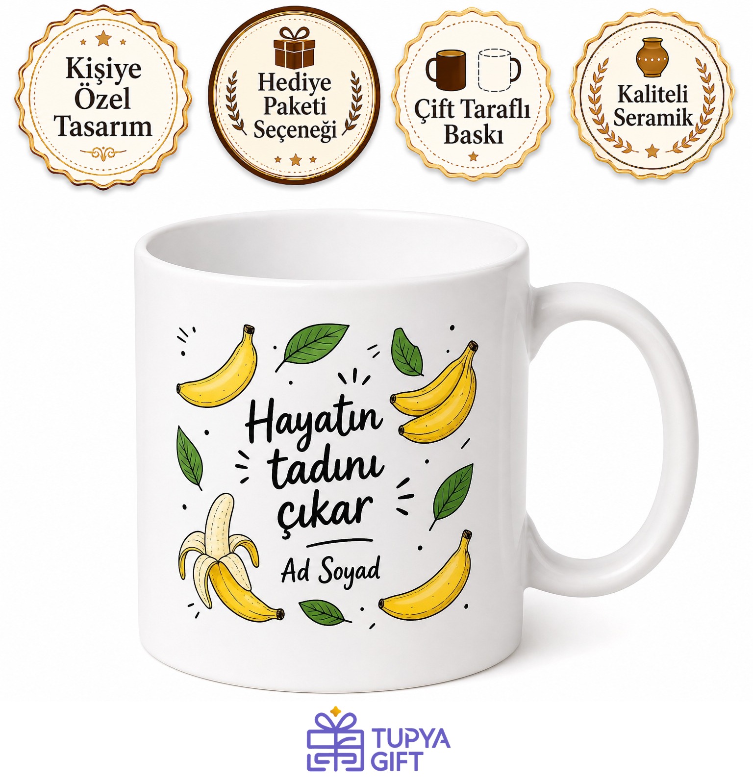 Muz Temalı Baskılı Kupa Bardak Hediye Özel Tasarım Porselen Mug