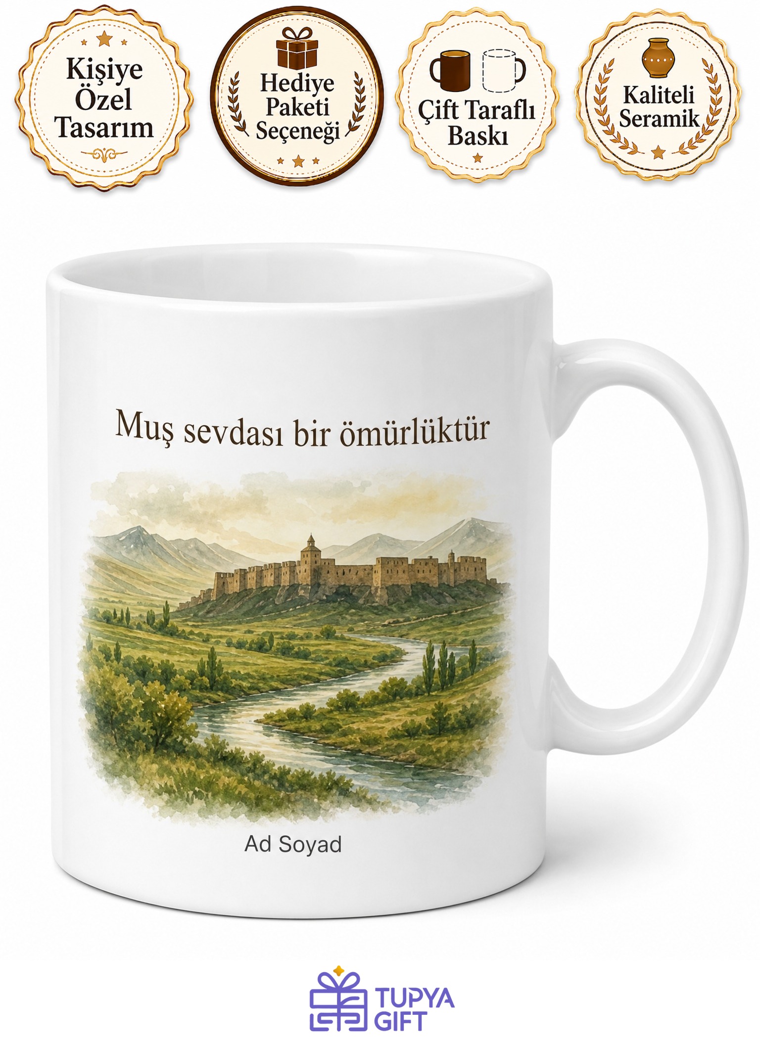 Muş Memleket Temalı Kişiye Özel Baskılı Kupa Bardak Hediye