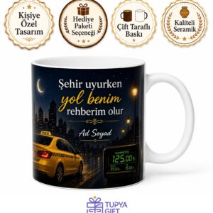 Taksi Şoförü Gece Mesaisi Taksimetre Temalı Kupa Bardak Hediye