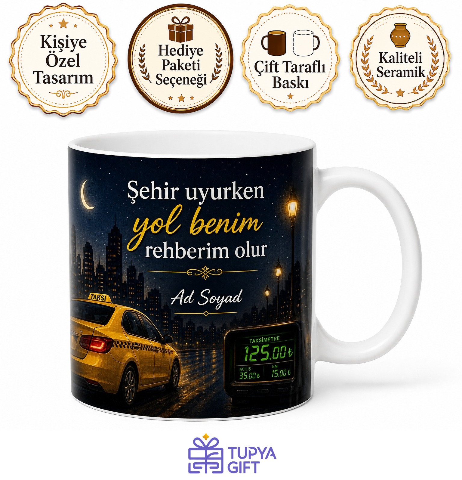Taksi Şoförü Gece Mesaisi Taksimetre Temalı Kupa Bardak Hediye