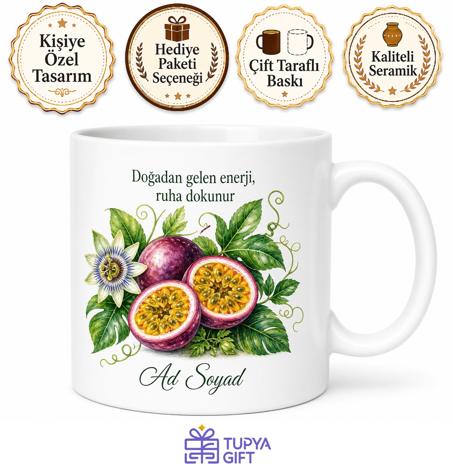 Maracuja Temalı Baskılı Kupa Bardak Hediye Tropik Meyve Desenli Porselen Mug