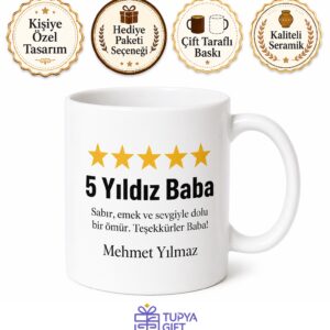 5 Yıldız Baba Review Yazılı Kupa Bardak Babalar Günü Hediyesi