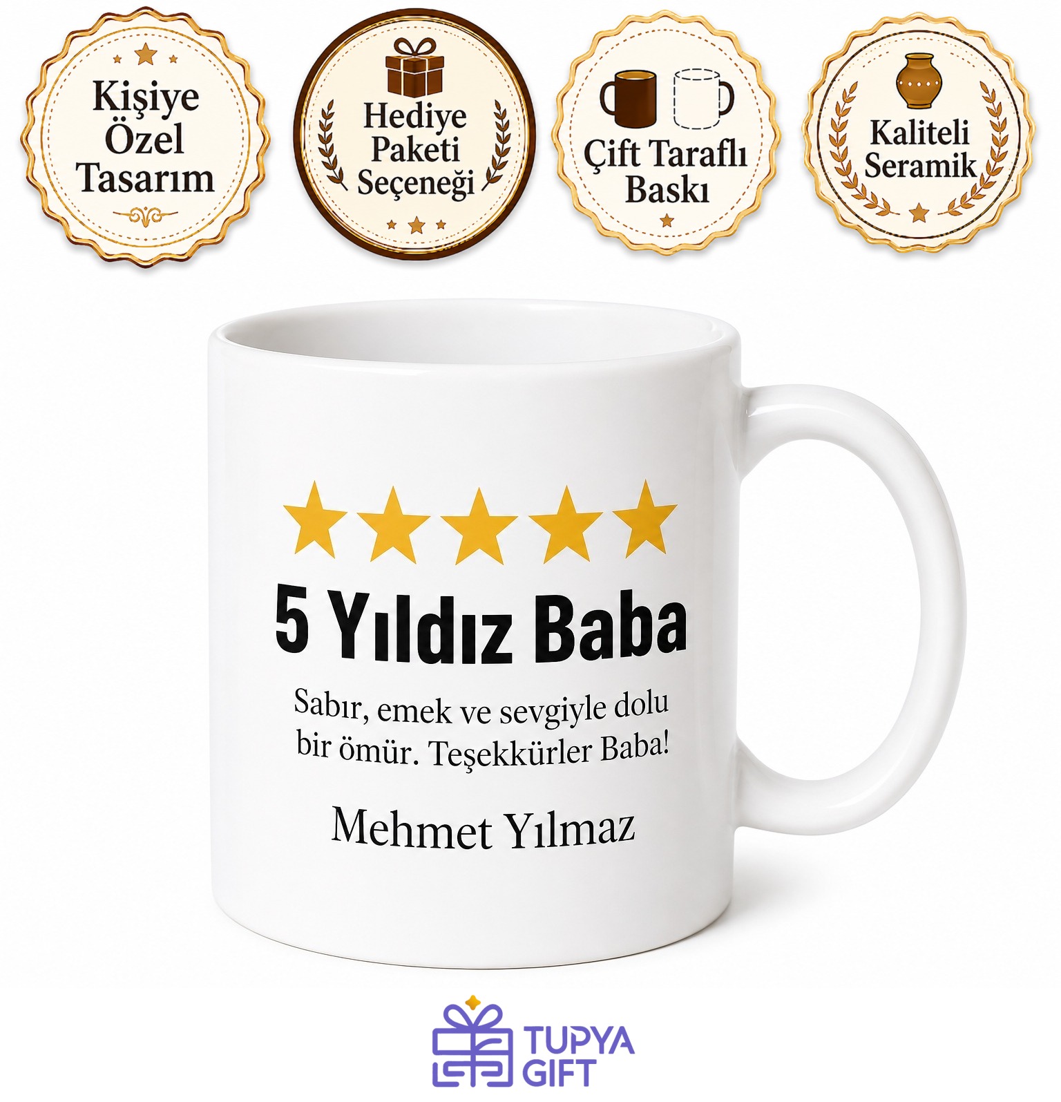 5 Yıldız Baba Review Yazılı Kupa Bardak Babalar Günü Hediyesi