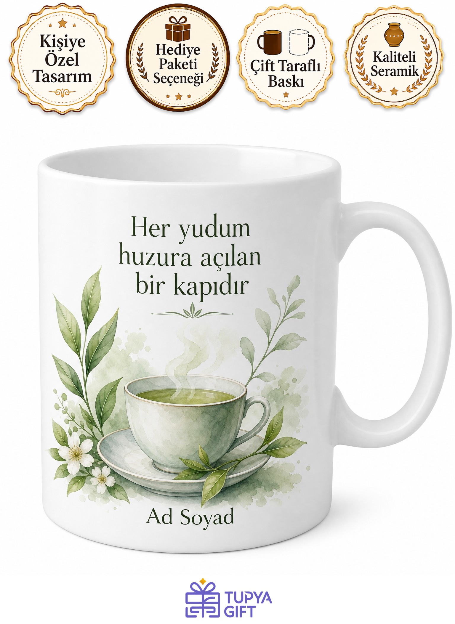 Yeşil Çay Temalı Baskılı Kupa Bardak Hediye Porselen Mug Özel Tasarım
