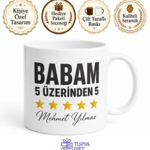 Babam 5 Üzerinden 5 Yazılı Kupa Bardak Babalar Günü Hediyesi