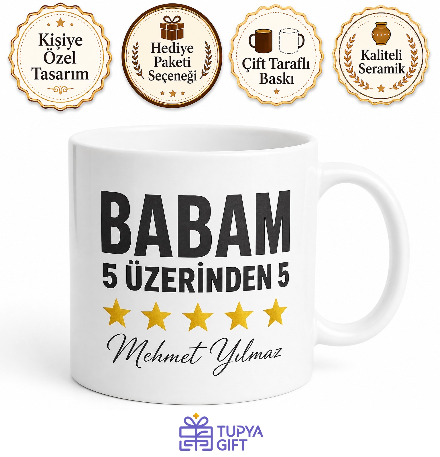 Babam 5 Üzerinden 5 Yazılı Kupa Bardak Babalar Günü Hediyesi