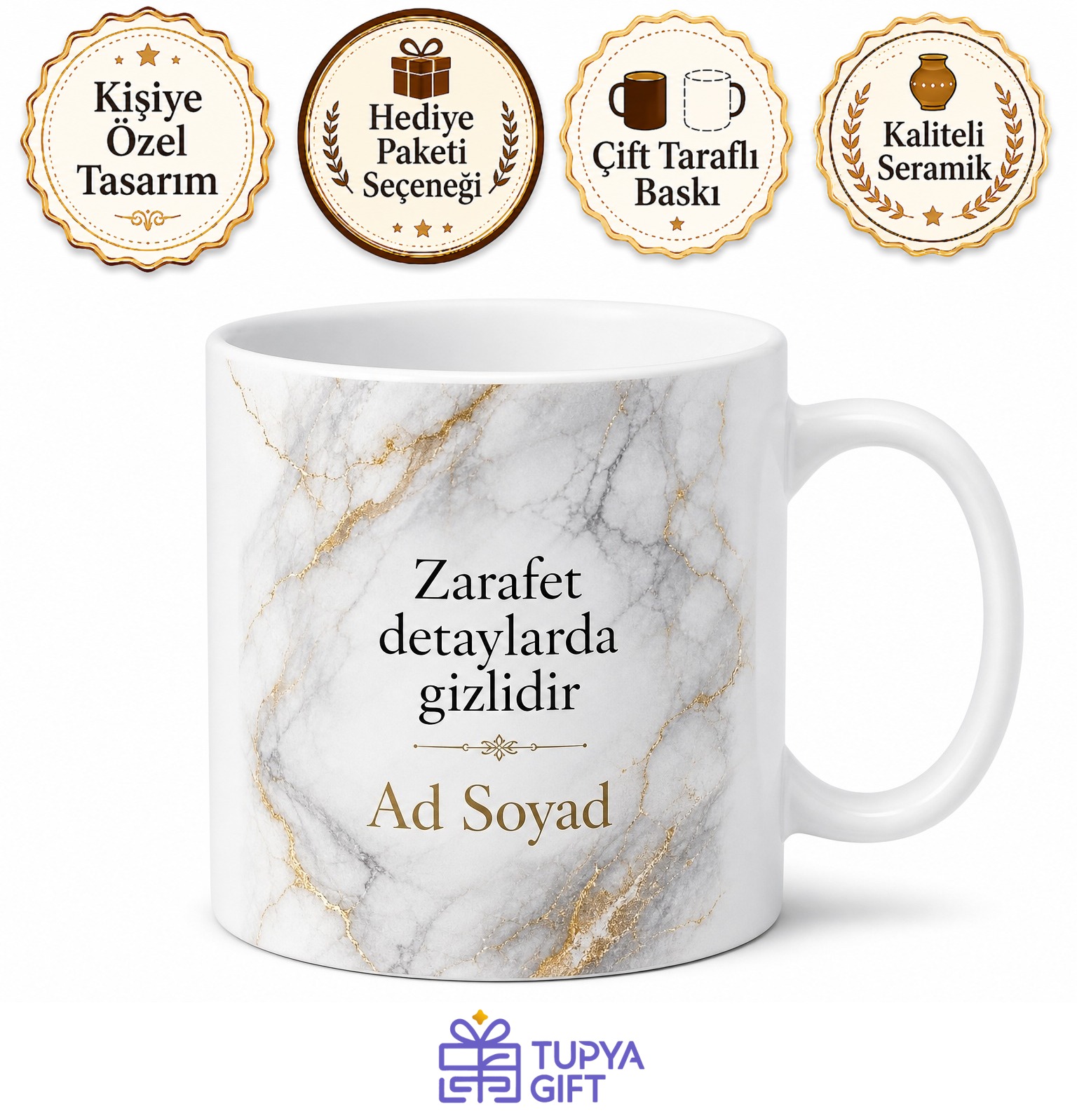 Mermer Desenli Kişiye Özel Şık Baskılı Kupa Bardak Hediye