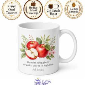Elma Temalı Baskılı Kupa Bardak Özel Tasarım Hediye Porselen Mug