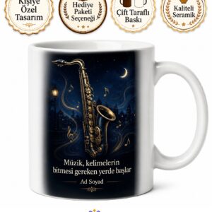 Saksafon ve Caz Notaları Çizimli Gece Yarısı Melankolisi Kupa Bardak Hediye
