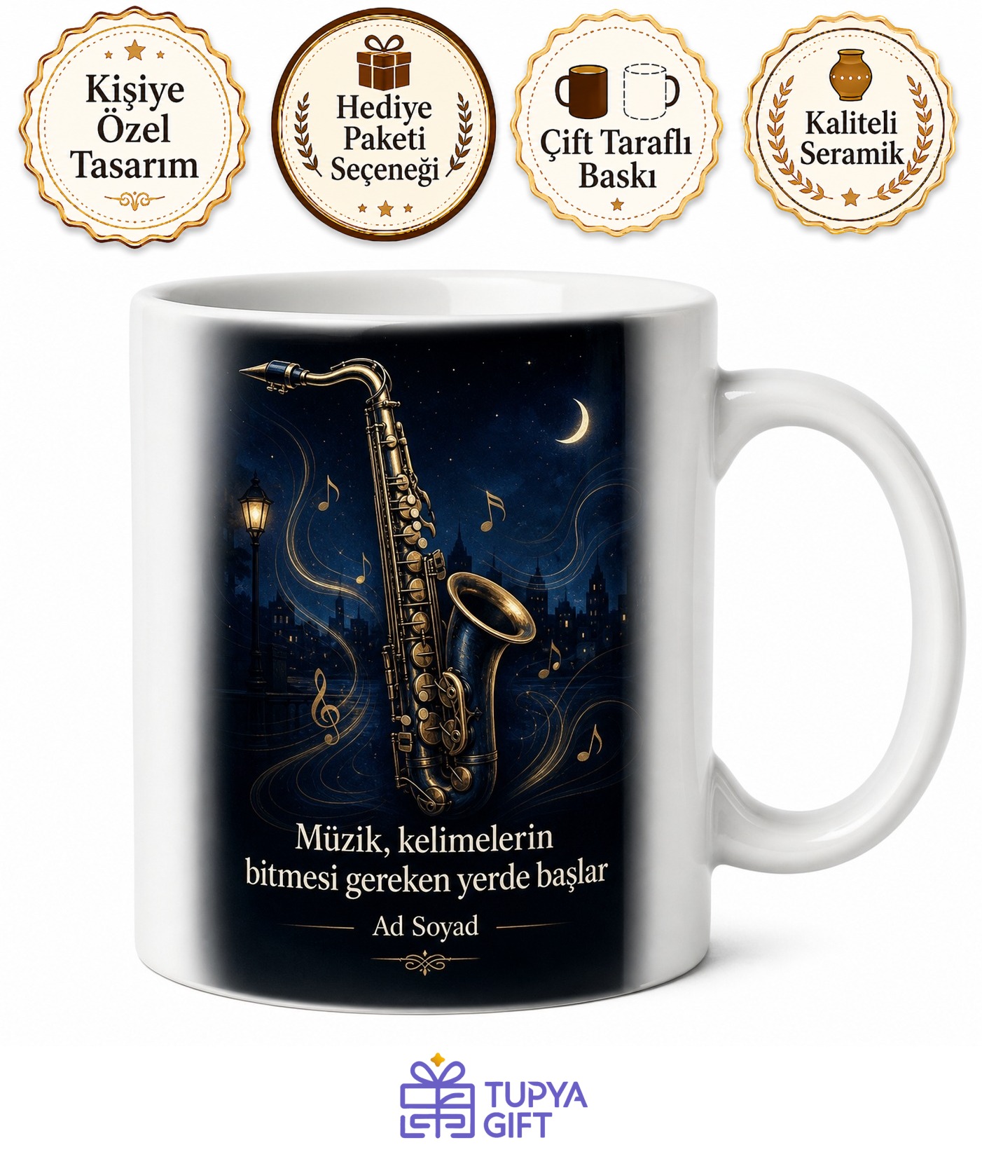 Saksafon ve Caz Notaları Çizimli Gece Yarısı Melankolisi Kupa Bardak Hediye