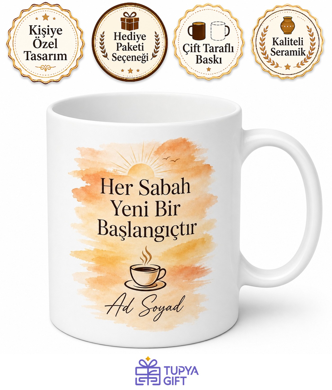 Sabah Kahvesi Temalı Motivasyon Yazılı Baskılı Porselen Kupa Bardak Hediye