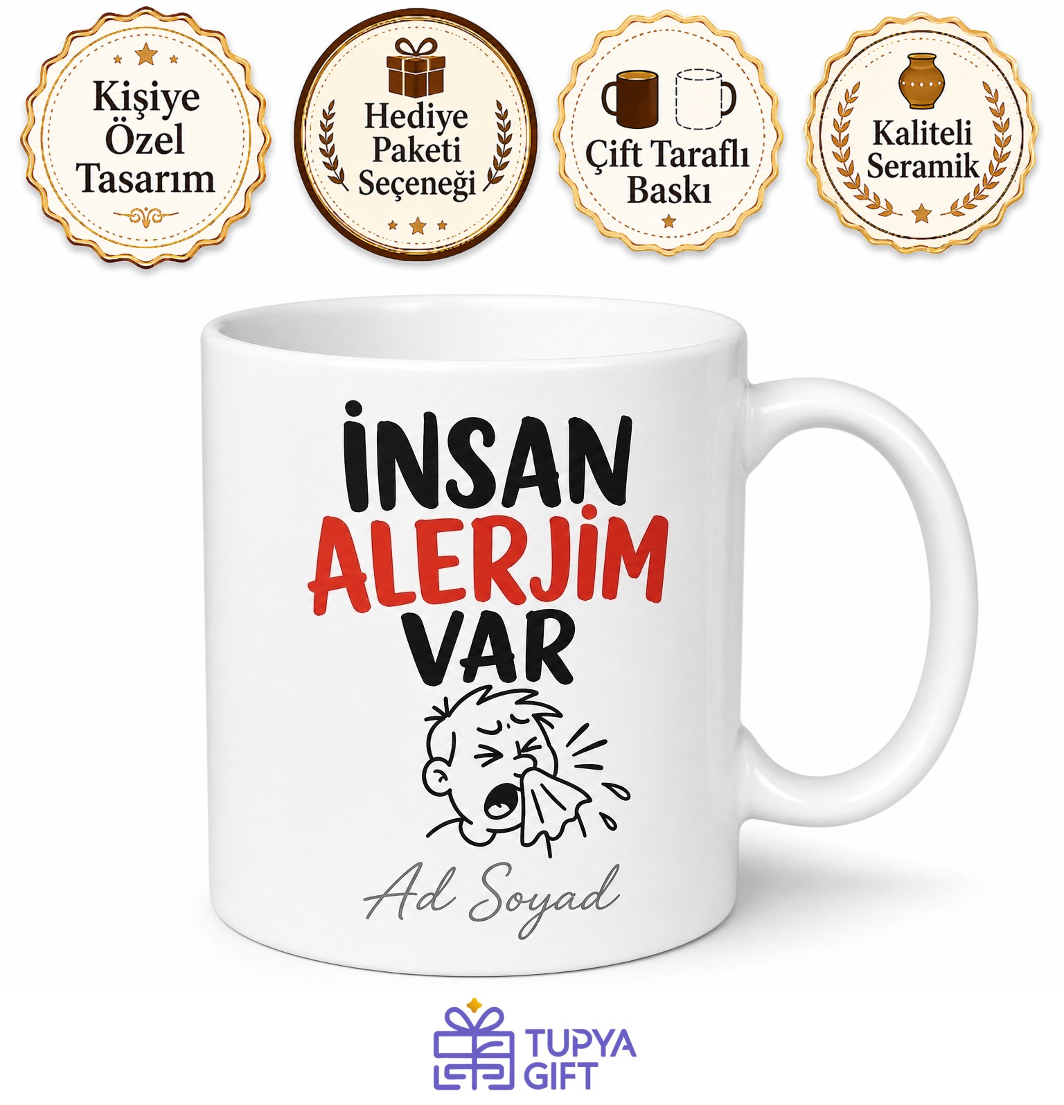 İnsan Alerjim Var Yazılı Komik Kupa Bardak Esprili Hediye Porselen Mug