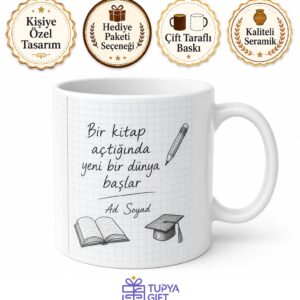 Kareli Defter Sayfası Görünümlü Öğrenci ve Öğretmen Kupası Hediye Bardak