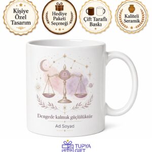 Terazi Burcu Temalı Tasarım Baskılı Porselen Kupa Bardak Astroloji Hediye