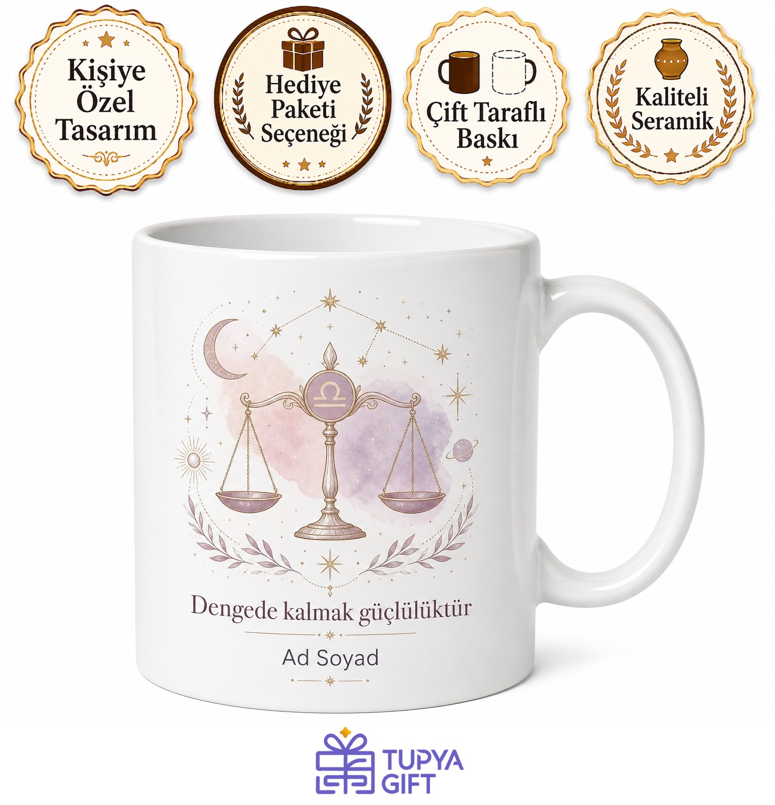 Terazi Burcu Temalı Tasarım Baskılı Porselen Kupa Bardak Astroloji Hediye