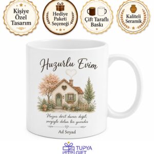 Huzurlu Evim Yazılı Baskılı Kupa Bardak Ev Hediye Porselen Mug