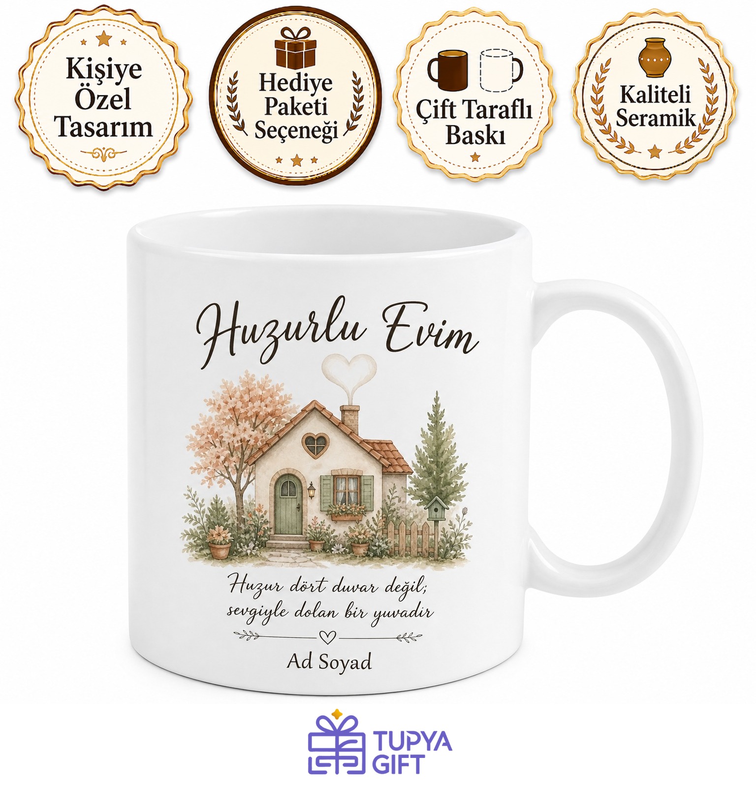 Huzurlu Evim Yazılı Baskılı Kupa Bardak Ev Hediye Porselen Mug