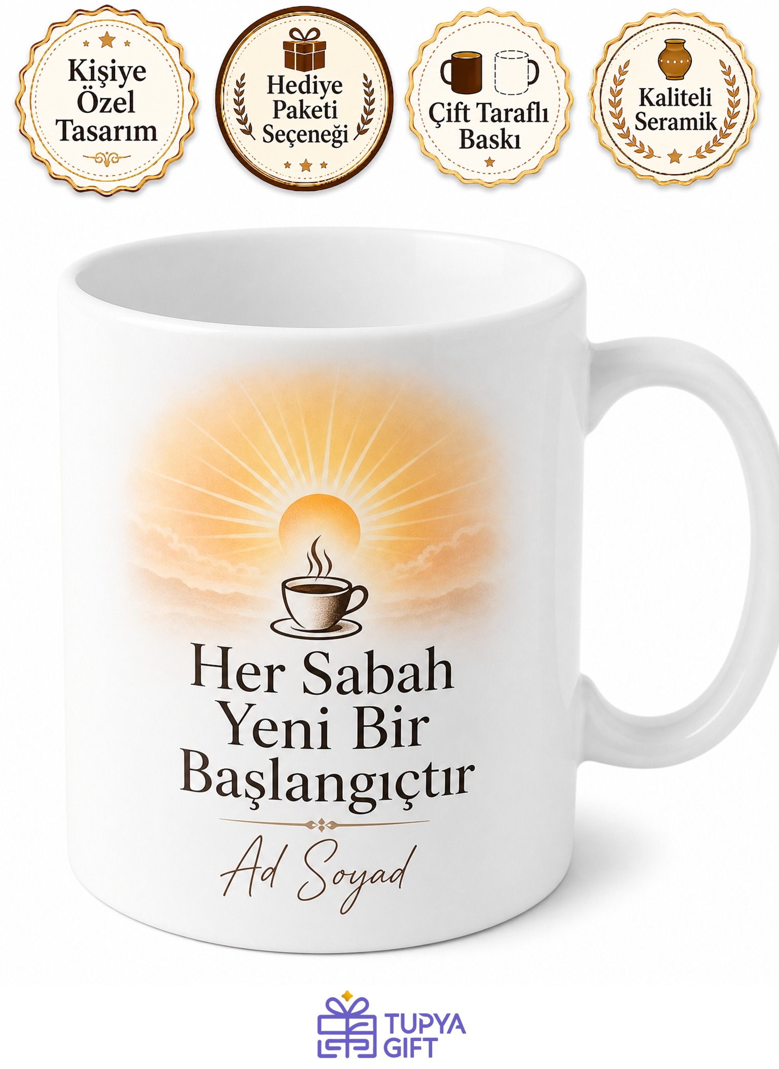 Kişiye Özel Sabah Rutini Baskılı Kupa Bardak Hediyelik Porselen Hediye